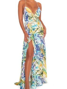 Tropical Print Maxi Dress with Side Slit - Yellow & Blue
